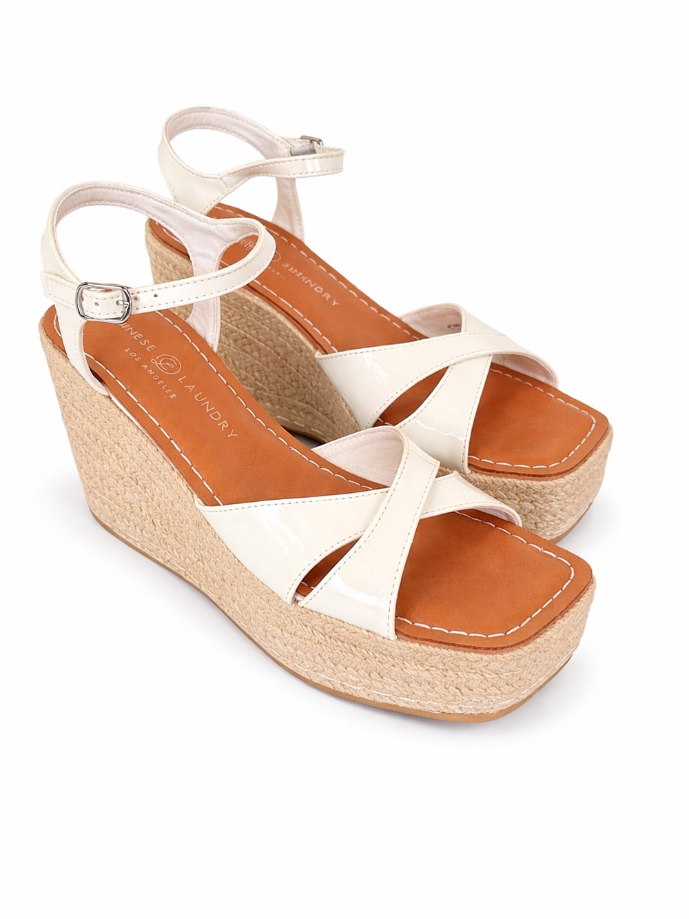 Chinese Laundry Cream Patent Espadrille Wedge Sandals
